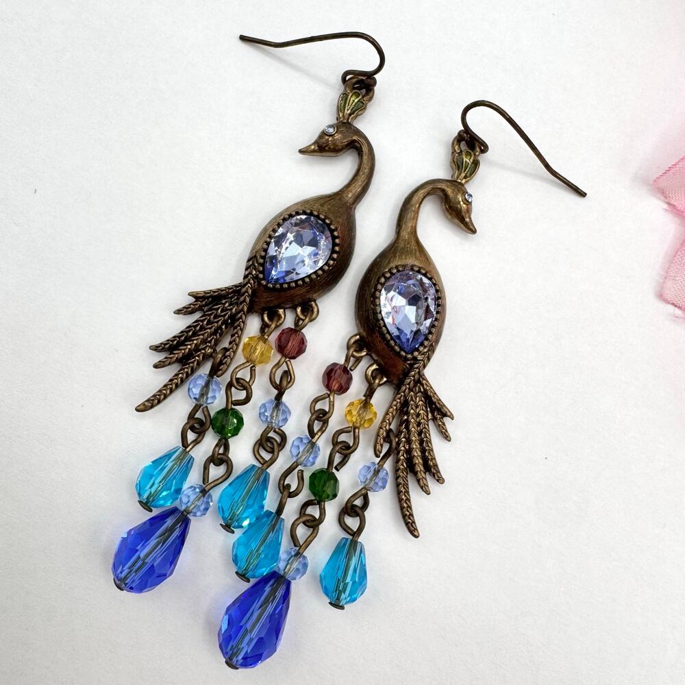 Peacock Earrings Blue Rhinestone Jewel Tone Briolette Drops Exotic Ethereal